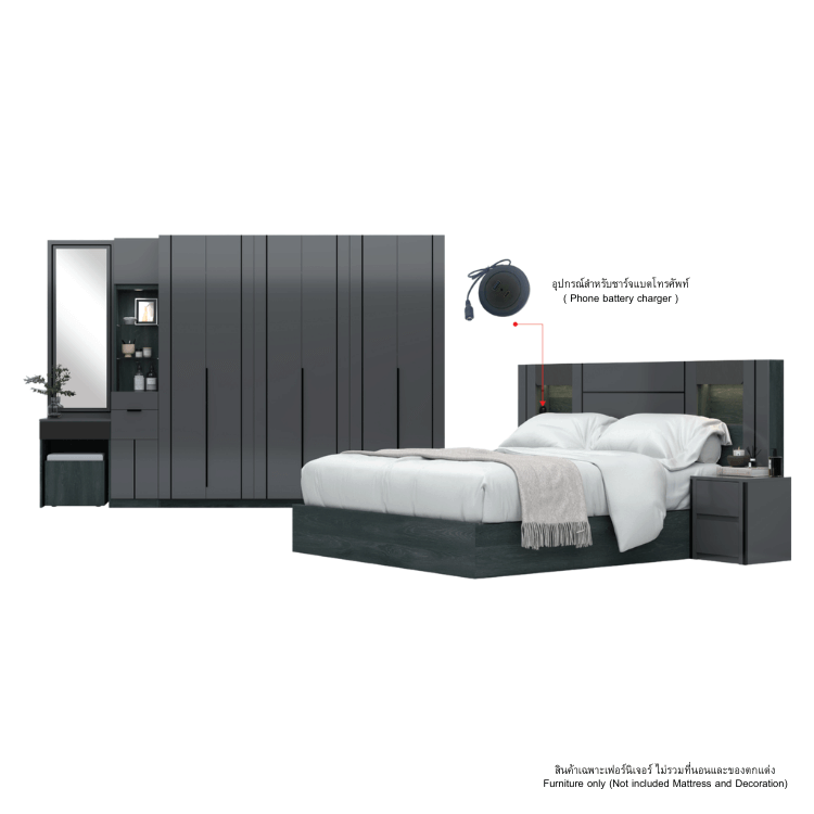 ชุดห้องนอน + ที่นอน PVC 6 ฟุต WISDOM DESIGN FURNITURE รุ่น ROYAL สีแอชเกรย์/กลอสซี่เกรย์